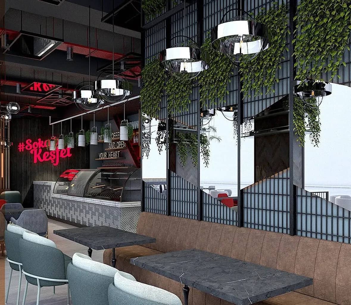 Kahve Sokağı şube konseptinde asma bitkilerle çevrili bar tezgâhı ve oturma alanı