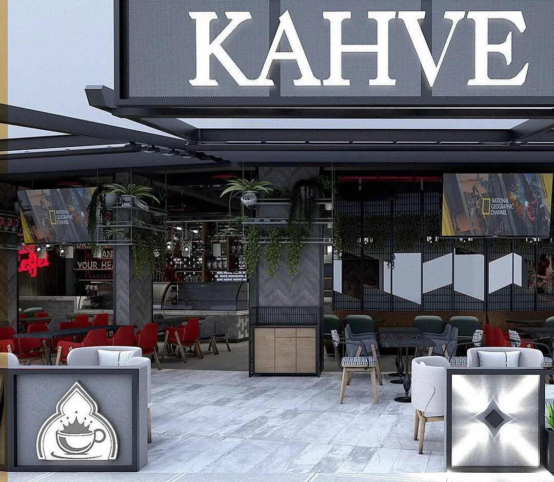 Pergola altında oturma gruplarıyla bir şube konseptinin dış mekân tasarımı